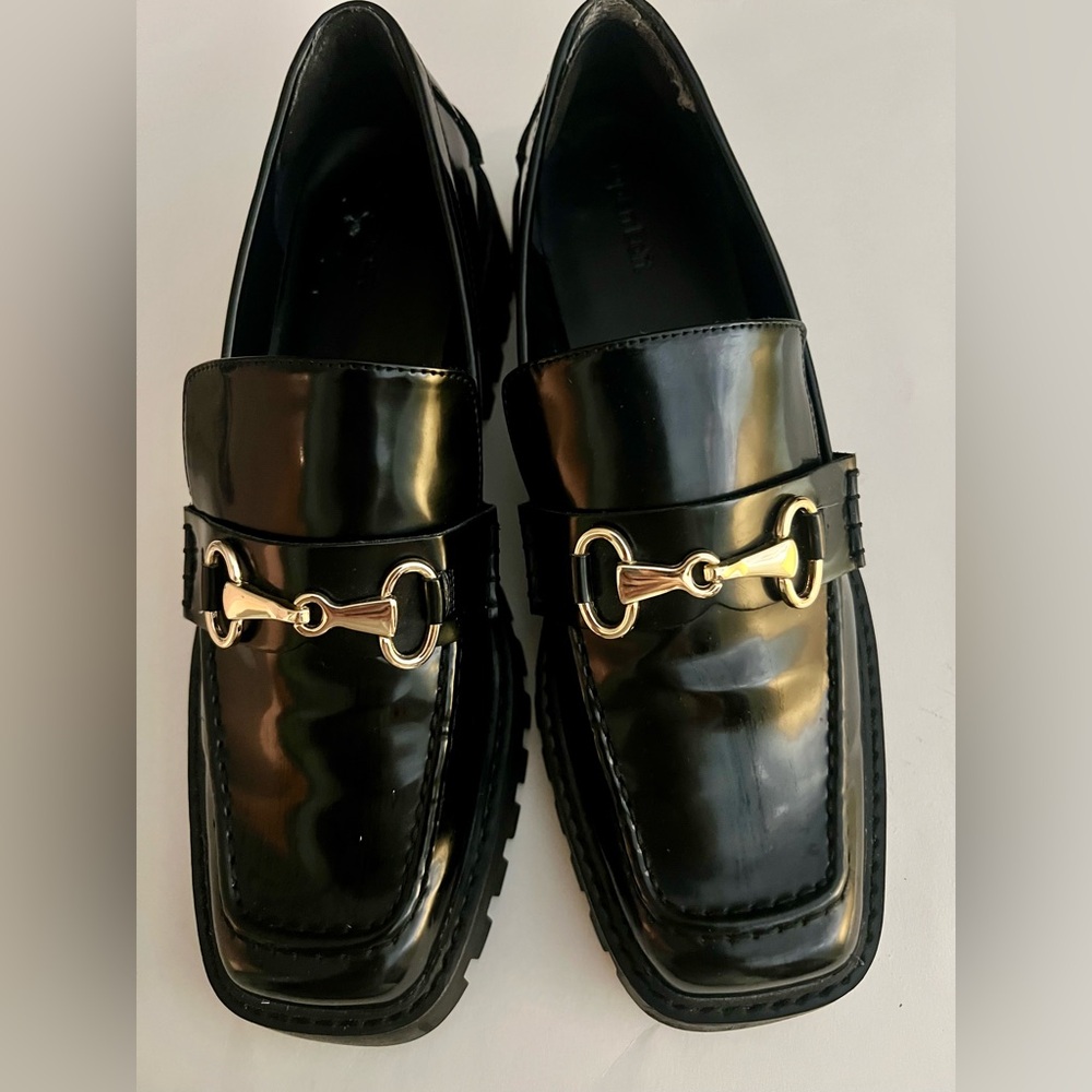 Open Edit Black Lug Sole Loafers Gold Tone Hardware Square Toe Womens, Size 10